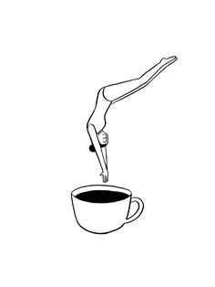 a black and white drawing of a person diving into a coffee cup with their hands in the air