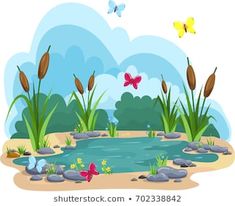 the pond is surrounded by rocks and grass with butterflies flying over it in the sky