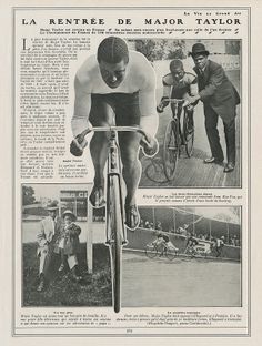 an old newspaper article with two men on bicycles and one man riding a bike in the background