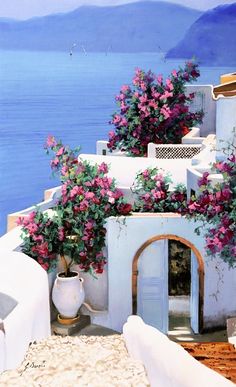 a painting of flowers growing on the side of a building with water in the background