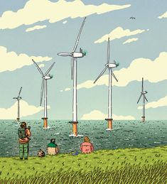 two people are sitting in the grass near wind turbines