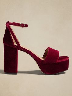 Velvet Platform Heels | Banana Republic Factory Red Velvet Platform Heels, Chunky Red Heels, Velvet Platform Heels, Wedding Shoes Open Toe, Red Velvet Heels, Red Platform Heels, Holiday Heels, Red Wedding Shoes, Velvet High Heels