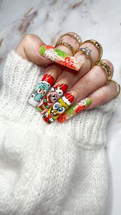 Igel Beauty Gel Polish, Cartoon Christmas Nails, Nails Spongebob, Spongebob Nail Art, Spongebob Nails, Spongebob Christmas, Xmas Nail Designs, Nails Products