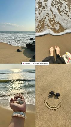 four different pictures show the same person's feet and their footprints on the beach