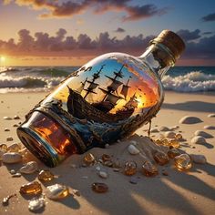 a ship in a bottle sitting on the beach