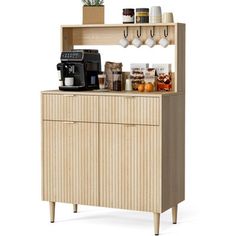 a wooden cabinet with coffee maker and various items on it's shelf, against a white background