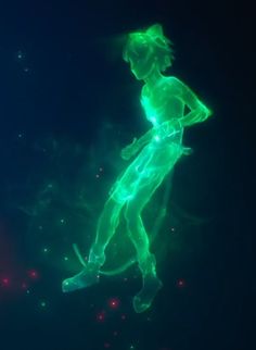 a woman in neon green running through the air with her legs spread out and feet crossed