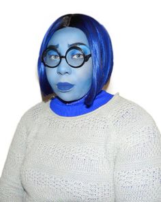 Sadness from Inside Out is an easy last minute Halloween costume or closet cosplay idea. Find a blue sweater, turtleneck, and pants with some round glasses then add a blue bob and makeup to compwlte the look. #halloweencostumeideas Easy Last Minute Halloween Costume, Last Minute Halloween Costume, Cosplay Idea, Blue Bob, Closet Cosplay, Last Minute Halloween, Character Makeup, Sweater Turtleneck, Last Minute Halloween Costumes