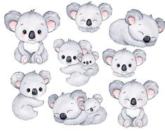 a bunch of koalas that are sitting next to each other on a white background