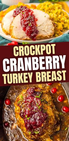 crockpot cranberry turkey breast on a platter with stuffing and gravy