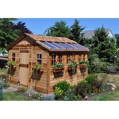 a small wooden shed with plants growing on the roof and windows in front of it