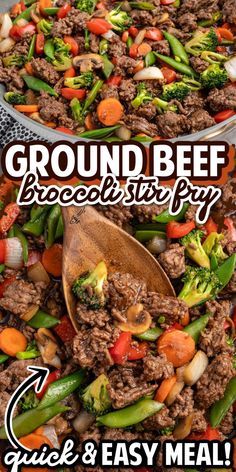 ground beef and broccoli stir fry is shown in two pans