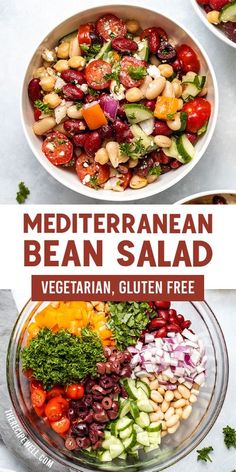 two bowls filled with different types of salads and the title reads mediterranean bean salad vegetarian, gluen free