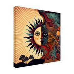 the sun and moon are depicted in this painting on an acrylic canvas, which is