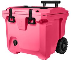 a pink cooler with black handles and wheels on a white background, it is the only thing that can be seen in this image