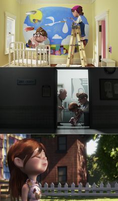 an animated scene is shown in two different frames, one with a girl on the roof and