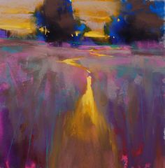 an abstract painting of trees in the distance with yellow and purple colors on it's face