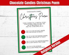 chocolate candies christmas poem printable on a white wooden background with red and green stripes