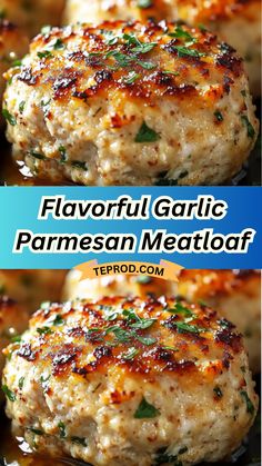 two images of some food with sauce on them and the words, flavorful garlic parmesan meatloaf