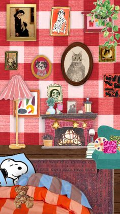 a bedroom with red and white checkered wallpaper, a teddy bear sitting on the bed