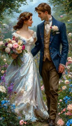 a painting of a man and woman in formal dress walking through flowers with one holding the other's hand