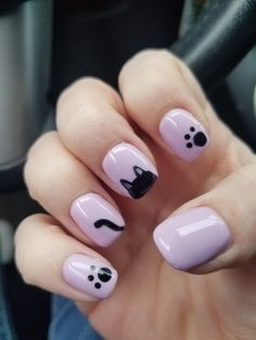 Nail Art Cat Designs, Short Nails Animals, Diy Cat Nails, Cute Cat Nail Art Designs, Short Nails Cat Design, Cat Paws Nail Art, Short Animal Nails, Cat Nail Polish, Cat Tip Nails