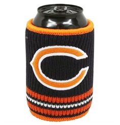 a chicago bears can cooler with an orange and black stripe on the side, it has a