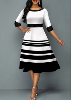 Size:XL;Size:L;Size:M;Color:Color Block;Size:XXL;Size:S;Dress Length:Mid Calf;Package Contents:1 X Dress;Washing Instructions:Hand Wash /Machine Washable;Style:Elegant;Pattern Type:Stripe;Color Scheme:Color Block;Composition:95%Polyester , 5%Spandex;Silhouette:High waist;Neckline:Round neck;Sleeve's Length:Three Quarters Sleeve;Season:Summer;Occasion:Party; Valentines Outfits For Women Casual, Three Quarter Sleeve Dresses, Round Neck Dress, Pink Round