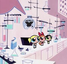 the powerpuff girls are standing in a laboratory