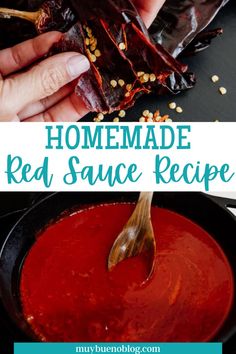 homemade red sauce recipe in a cast iron skillet with spoon and hand holding it