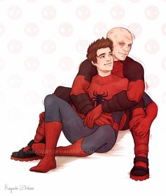 two people sitting next to each other in front of a white background with spider - man and