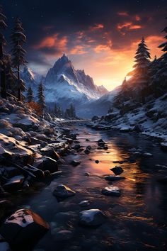 the sun is setting over a snowy mountain range and river with rocks in the foreground