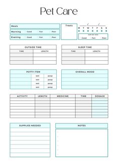 a printable pet care sheet for dogs and cats