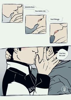 a comic strip with an image of two people kissing and one person holding his hand up to