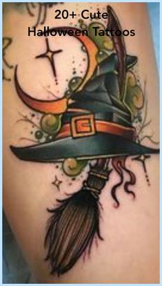 a tattoo with a witch's hat on it and a clock in the background