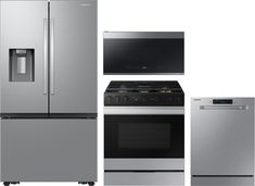 a silver refrigerator freezer sitting next to a stove top oven and an oven door