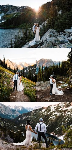 the bride and groom are posing for pictures in the mountains