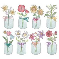 six mason jars filled with flowers and ribbons