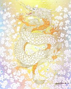 a painting of two dragon sitting on top of each other in front of white flowers