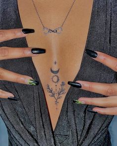 female chest tattoo, sun, moon , star Tattoo Names, 42 Tattoo, Tato Minimal, Key Tattoo, Jesus Tattoo, Geniale Tattoos, Pretty Tattoos For Women