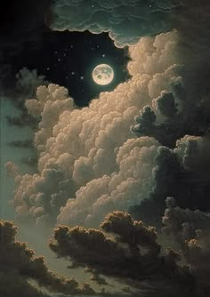 a painting of clouds with the moon in the sky