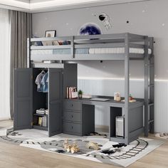 a bunk bed with desk underneath it in a room