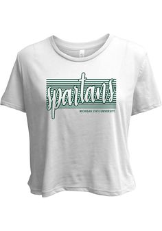 Let everyone know who you root for in this Michigan State Spartans White Blair Flowy Cropped Short Sleeve T-Shirt! This MSU Short Sleeve Tee features a center front screen print school and mascot name. Dual blend fabrication, Short sleeve, Cropped length, Flowy fit, Ribbed collar, 65% Polyester - 35% Viscose, Imported Cheap Campus Tops With Team Spirit Style, Cheap College Tops In Team Colors, Cheap Crew Neck Top For School Spirit, Cheap College Style Tops For Sports Season, High School T-shirts, Compition Shirts, High School Athletics Shirt, High School Cheer Shirts Design, T Shirt Design School