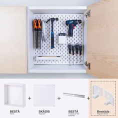 an organized pegboard with tools in it and the instructions for how to use them