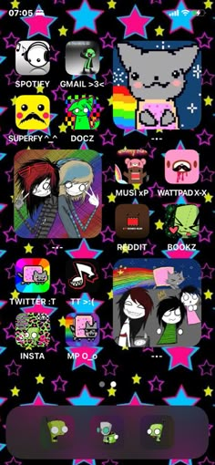 an iphone screen with many different stickers and stars on the bottom right hand corner