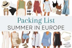 the cover of packing list for summer in europe, including dresses and hats on display