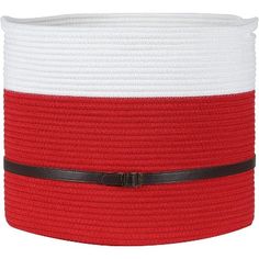 a large red and white basket with black trim