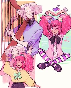 three girls with pink hair and one is holding a harp