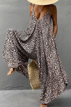 Leopard V-Neck Sling Backless Jumpsuit Wide Leg Loose Jumpsuit Flowy Pants Outfit, Flower Print Jumpsuit, Jumpsuit Wide Leg, Beautiful Jumpsuits, Women Jumpsuit, Outfits Rave, Wide Leg Romper, Loose Jumpsuit, Backless Jumpsuit