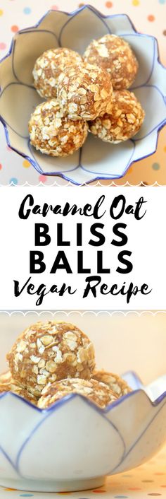 granola - oat bliss balls vegan recipe on a blue and white plate